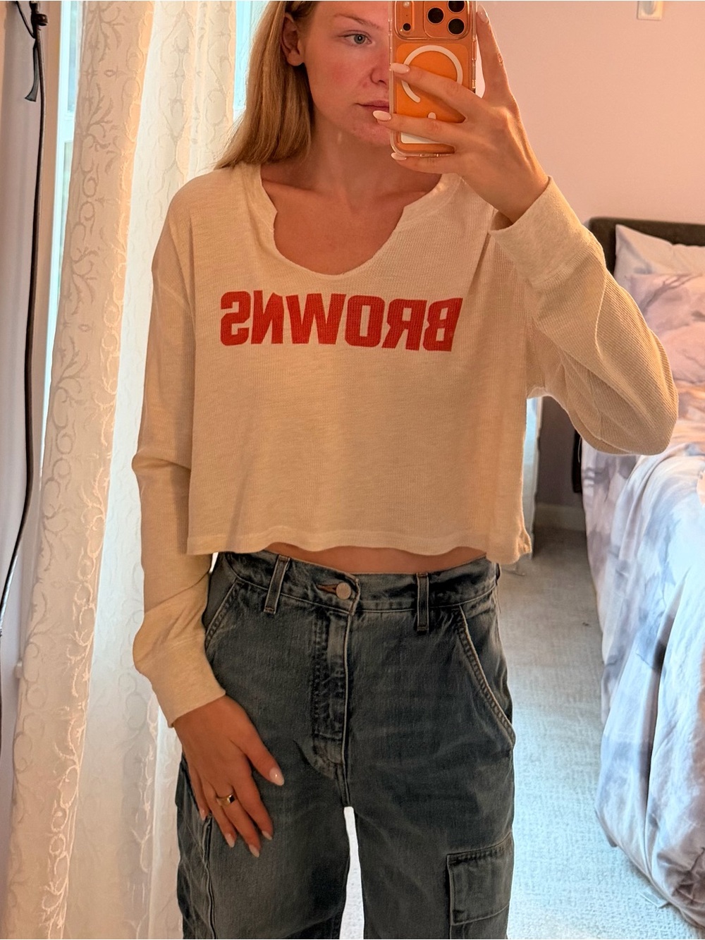 Junk Food Clothing Cream Cropped Long-Sleeve Top with Red BROWNS Graphic